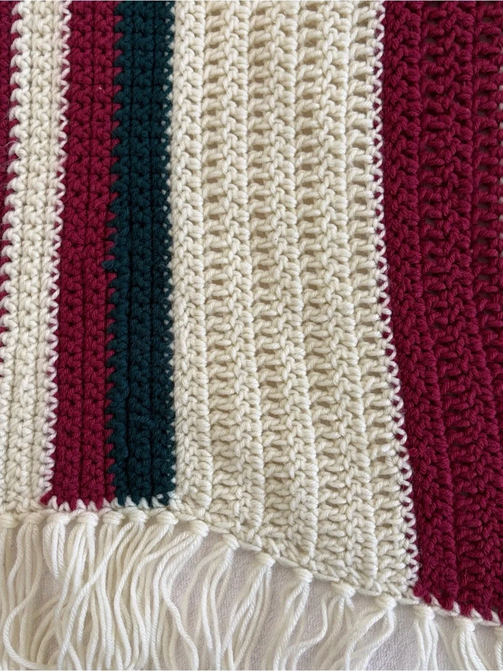 Handmade Crochet Throw Blanket Fringe Cranberry Evergreen Cream 67x43
